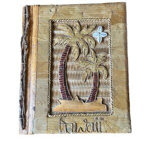 Hawaiian Handmade Photo Album With Palm Tree & Shell Design Dried Leaf Cover VTG